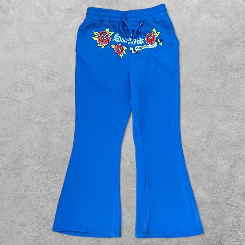 Vintage Southpole Flare Sweatpants Rose Graphic Blue M